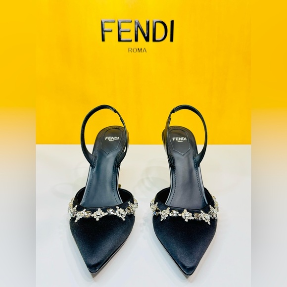 Fendi First Slingback Heels Black Satin With Nero Crystal Size 37.5 Retail$1790 - Picture 11 of 16